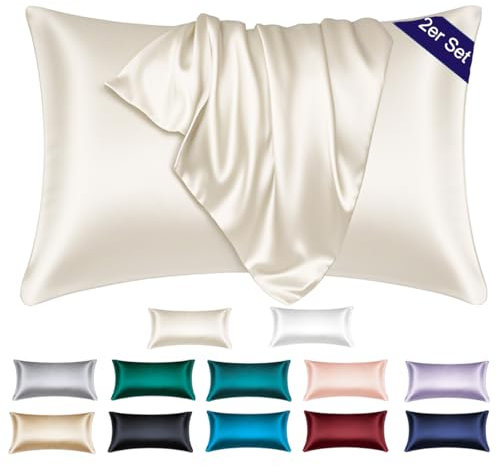 Soifox Satin Kissenbezug 40 x 80 2er Set - Weich wie Luxurious Seidenkissenbezug 40x80 für Haar und Haut mit Reißverschluss Beige