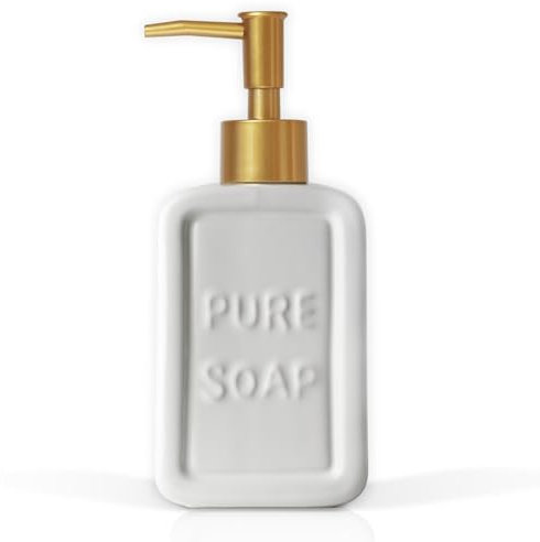 VITACHY. Dispensador Jabón Baño Cerámica Pure Soap 350ml. Vintage Decorativo Blanco y Dorado. Dosificador para Manos también en la Cocina