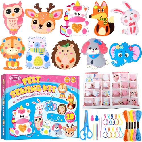Funtopia Kit de Couture pour Enfants, 10 Projets DIY Faciles D'Animaux en Peluche avec Guide, Arts et Artisanat en Feutre pour Enfants de 5 à 12 Ans, Jouets pour Débutants pour Filles et Garçons
