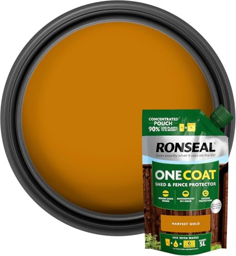One Coat Shed & Fence Paint Refill Pouch – 950ml – Harvest Gold – Mix with 4L Water to Make 5L – Same Formula as Ready-Mixed – Weatherproof Wood Paint for Fences & Sheds