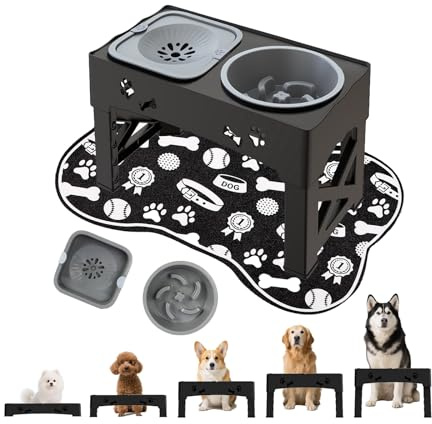 Gamelle réglable en hauteur sur 5 niveaux avec tapis d'alimentation antidérapant 3 en 1 en acier inoxydable anti-renversement double bol (2 x 1000 ml) avec support antidérapant pour chiens/chats de