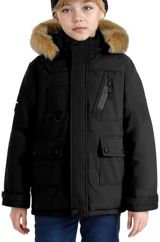 SEAUR Chaqueta acolchada para niños, parka de niño con capucha, de algodón, Negro, 13-14 años