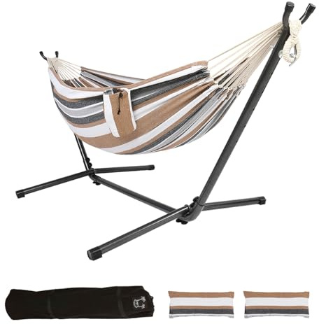Bonnlo Hamaca con Soporte para Exterior,Hamacas Colgantes, Capacidad de Carga hasta 204 kg, Incluye Bolsa de Transporte, Hamaca Jardin, Hamacas Colgantes,Altura Ajustable (Café)