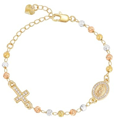 VNOX Catholic Virgin Mary Cross Bracelet 14K Gold Plated Bracelet for Women, Adjustable 6.3+2 Extension, Tri-color Bead, Catholic Confirmation Baptism Gifts for Girls Women