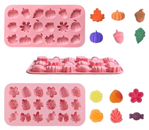 MSLSOZ 2 Pcs 18-Cavity Chocolate Silicone Moulds, Cute Flower & Pumpkin Maple Leaf Shapes Halloween Chocolate Moulds, Reusable Sweet Moulds for Chocolate, Candy, Ice Cubes, Jelly.