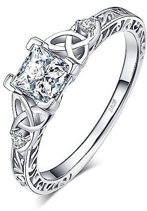 JewelryPalace Vintage Engagement Rings for Women, 14K Gold Plated 925 Sterling Silver Cubic Zirconia Promise Rings for Her, Anniversary Celtic Knot Princess Cut Solitaire Simulated Diamond Ring Size 7