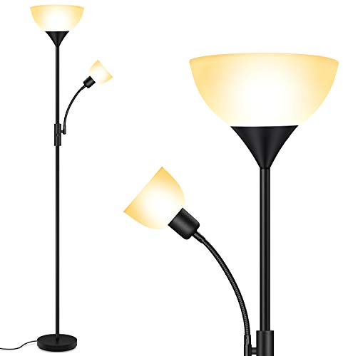 Floor Lamp, Standing Lamp, Torchiere Floor Lamp with Adjustable Reading Lamp, 71 Tall Pole Lamps, 3 Way Switch, Plastic Lampshade, Corner Floor Lamps for Living Room, Bedroom(E26 Base, No Bulb)-Black