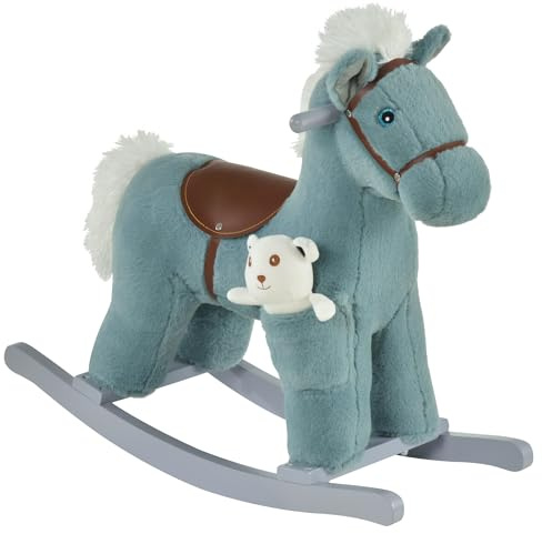 Caballito Balancín para Niños de +3 Meses Caballo Mecedora Felpa con Osito de Peluche Sonidos de Relincho y Galope Base de Madera 65x26x55 cm Azul