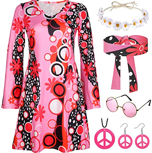 YADODO Hippie kostüm Damen Kleid Set Mit 60er 70er Jahre Bekleidung Damen Kleid Hippie Kleidung Accessoires Disco Outfit Kostüm Frauen 70er Mode Faschingskostüme für Karneval Party(XXL)