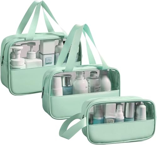 LEcylankEr Trousse de Toilette Transparente 3 Pièces, Trousse de Toilette PVC Étanche pour Femme, Trousse de Maquillage Légère pour Voyage Set (Vert)