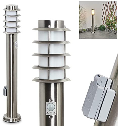 Außenwegeleuchte Tunes mit Bewegungsmelder, moderne Sockelleuchte aus Metall/Kunststoff in Nickel-matt/Weiß, Wegeleuchte 80 cm, Gartenlampe m. E27, Gartenbeleuchtung IP44, ohne Leuchtmittel