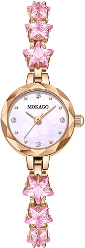 findtime Blume Design Damenuhr Elegant Diamant Strass Rosa Analog Quarz Armbanduhr für Frauen Mädchen Bling Kristall Armreif Romantische Luxuriöser Stil Schmuckset