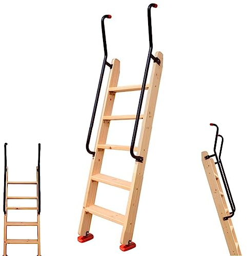 Holzleiter mit extra langem Handlauf, Trittleiter-Ersatz für Bibliotheks-Camper-Bunkhouse-Anhänger, Bodenständer-Etagenbett-Leiter-Treppe (Farbe: Natur, Größe: 5 Stufen – 150 cm (59 Zoll))