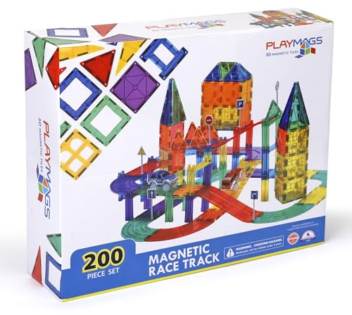 Playmags Ensemble de 200 pièces avec tuiles magnétiques, Piste de Course, Comprenant 2 Voitures de Course électriques motorisées, pour Les Enfants de 3 Ans et Plus