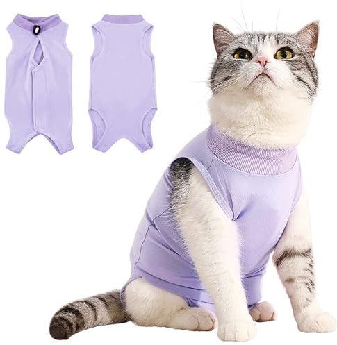 Idepet Cat Surgery Recovery Suit Kitten Onesie for Cats After Surgery Female Breathable Kitty Spay Suit for Abdominal Wound Skin Diseases E-Collar Alternative Wear(Purple,M)