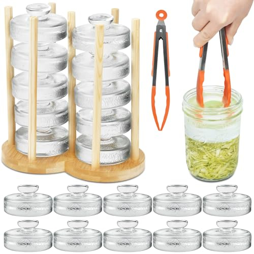 Artcome Lot de 10 poids de fermentation en verre avec poignée facile à prendre en main et texture unique pour bocaux Mason à large ouverture – Galets de cornichons avec organisateur de poids en verre