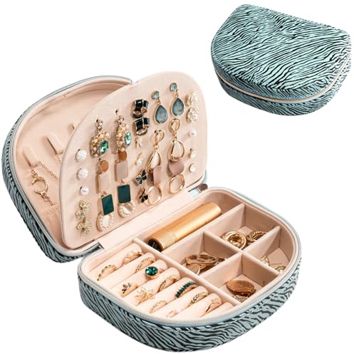 ProCase Travel Size Jewelry Box, Medium Portable Seashell-Shaped Jewelry Case, 2 Layer Jewelry Organizer in PU Leather for Women -Stripe
