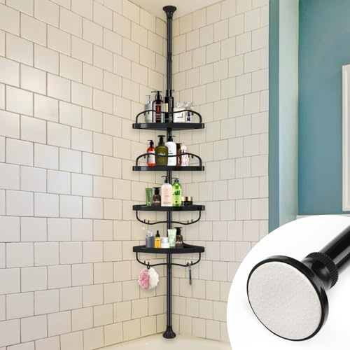 Corner Shower Caddy Tension Pole, Rustproof Bathtub Storage Organizer with 4 Adjustable Shelves, Bathroom Shower Rack Shampoo Holders for Inside Shower, 40-120 Floor to Ceiling Shower Caddy Black