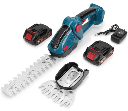 Professional 24V System Taille-Haies sans-Fil,Taille Haies/Herbe, 2 in 1 Scupte Haies et Cisaille à Gazon avec Batterie,Changement Lame sans Outil (2 Batterie 1 Chargeur)