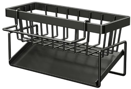 Litinliv Organizador de Fregadero, Negro Multifuncional 2 en 1 Estante de Renaje de Esponja, Sink Caddy, Soporte Estropajo Fregadero de Cocina Acero Inoxidable para Almacenamiento de Trapos, Negro