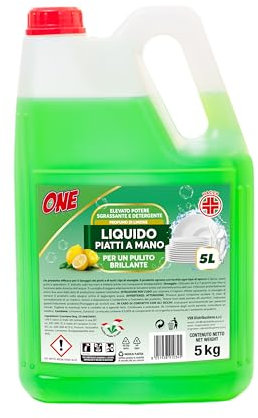ONE - 5 Litri di DETERSIVO LIQUIDO DETERGENTE PIATTI A MANO al profumo di LIMONE - Elevanto potere sgrassante e detergente per un pulito brillante - Pulizia a basso impatto ambientale
