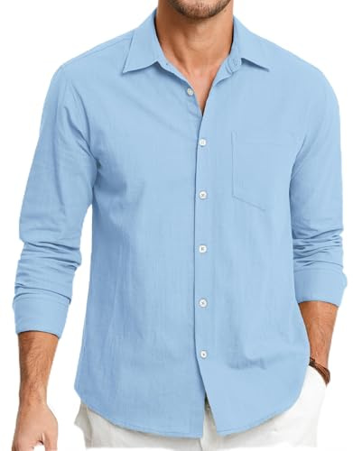 HISDERN Camisas de Lino y Algodón para Hombre Manga Larga Ligeras Verano Lino Camisa de Ajuste Regular Abotonadas Casual Shirt con Bolsillo