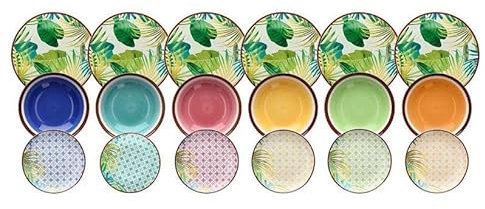 Wintem Servicio de 18 platos de porcelana para 6 personas, diseño de selva, multicolor – Juego de platos llanos, hondos y de postre – Resistentes y elegantes adecuados para cualquier ocasión