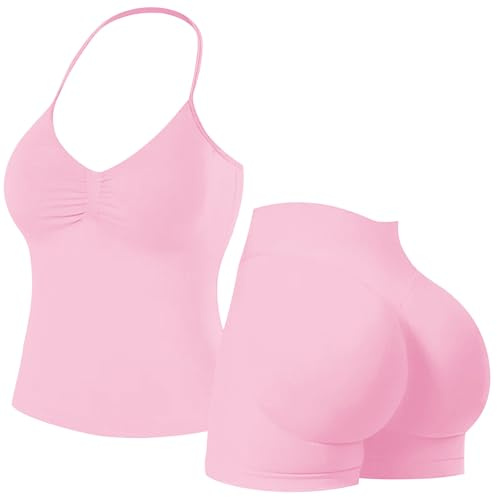 Seamless Gym Sets for Women 2 Piece Halter Crop Top Sports Bras Hidden Scrunch Shorts Yoga Outfits Activewear Tracksuit