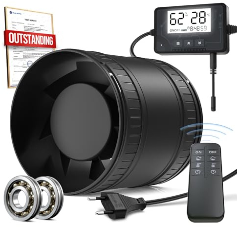 BUMSOU 100mm Rohrventilator mit Fernbedienung, Leise Rohrlüfter mit Feuchtigkeitssensor Temperatursensor Timer, 5-in-1 Abluftventilator mit Überhitzungsschutz, Rauchabzug Ventilator für Bad WC Garage