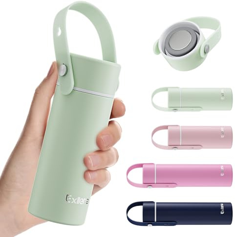 Exllena 200ml Small Water Bottle with Adjustable Silicone Handle Made of 100% Stainless Steel (Body + Lid), Mini Metal Water Bottle for Handbag, Leakproof (Mint chill)