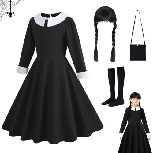 Déguisement Mercredi pour Enfants, Noire Karneval Robe d' Costumes pour Filles avec Perruque Sac Chaussette, Costume Mercredi pour Enfant, Déguisement Karneval Fille - Tenue gothique pour le carnaval
