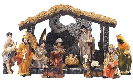 Julkrubba set – 18 cm lång krubba scen, handmålade figurer, trästabil creche | religiös juldekor för inomhus spiselbord