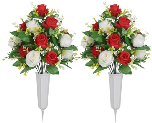 zezzos Cemetery Flowers with Vase 2 Sets Artificial Flowers for Cemetery, Silk Roses Funeral Flowers for Grave, UV Resistant Sympathy Flowers for Memorial Day Mother's Day (White+Red)