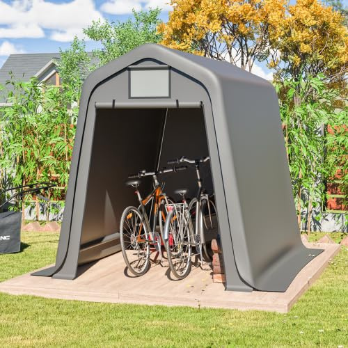 Casetta per attrezzi in metallo, 8 x 4 piedi, in acciaio zincato con fondazione e tetto inclinato, resistente agli agenti atmosferici come garage per biciclette, box per bidoni della spazzatura o