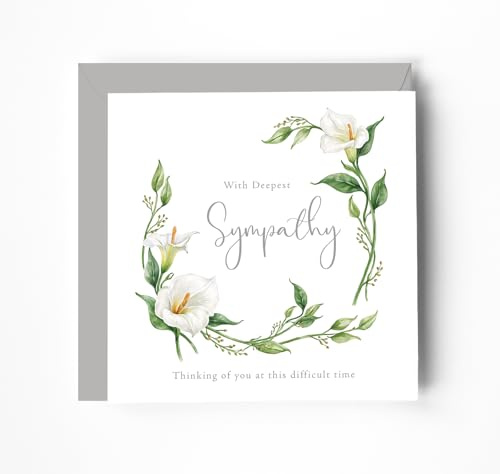 Sympathy Card with Deepest Sympathy Message, White Lily Floral Wreath Design, Thinking of You Bereavement Card