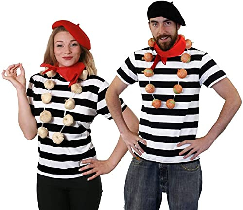 Franska par maskeraddräkt svart och vit randig topp + basker + fransad + lök/vitlök girlang fransk mans outfit set (stor och xxx-large)