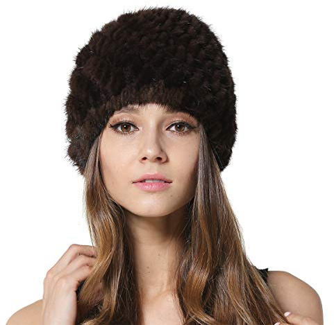 KAISHIN Cappelli di Pelliccia di Visone Invernale per Donna Cappelli di Vera Pelliccia a Maglia con Fodera a Maglia (caffè)