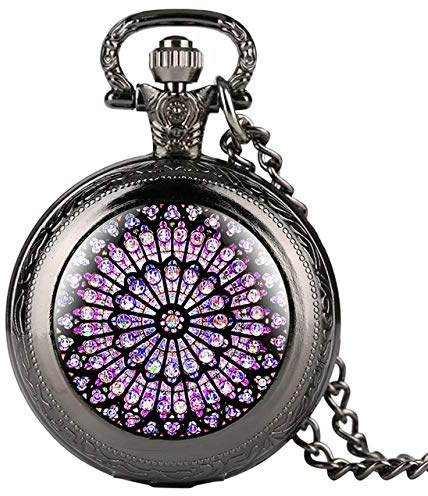 WOAIXI Reloj De Bolsillo Vintage,La Ventana De La Rosa Vidriera Vidrio Notre Dame De París Catedral Reloj De Bolsillo Símbolo De París Patrimonio Cultural Coleccionables Regalo, Negro