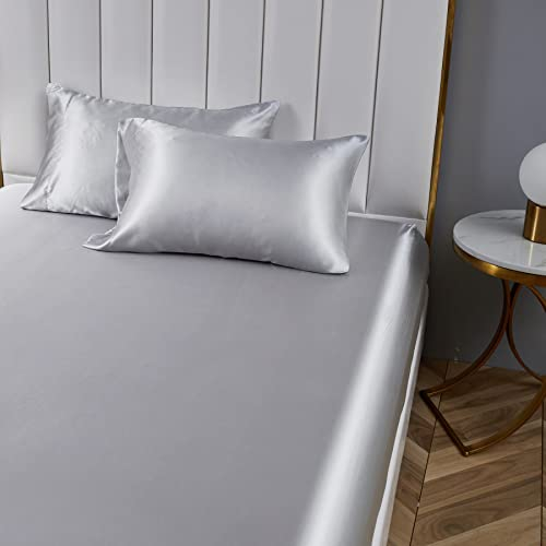 Spannbettlaken Bettlaken 90x200 Grau Boxspringbett Satin Bettlaken Glänzend Seide Spannbetttuch Leintuch 90 x 200 Uni Muster Hochwertiges Spannleintuch für Hohe Matratze bis 25-30 cm
