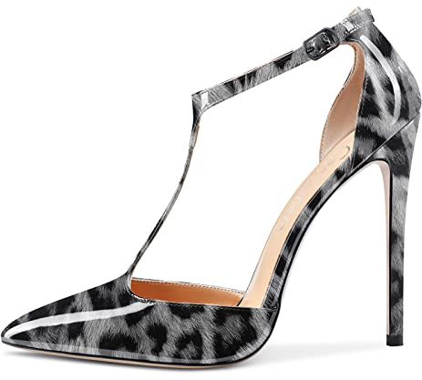 Castamere Womens High Stiletto Heel Close Pointed Toe Pumps Court Shoe T-Strap Ankle Strap Sandals Clear Dress Wedding Shoes Grey Leopard 6 UK