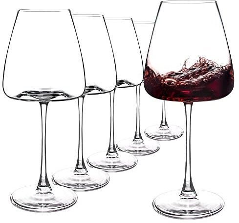 Red Wine Glasses Set of 6, 19.5 oz Durable Wine Glasses, Large Long Stem Wine Glasses with Unique Concave Bowl Base for Wine Tasting, Holiday and Home - Clear Glass