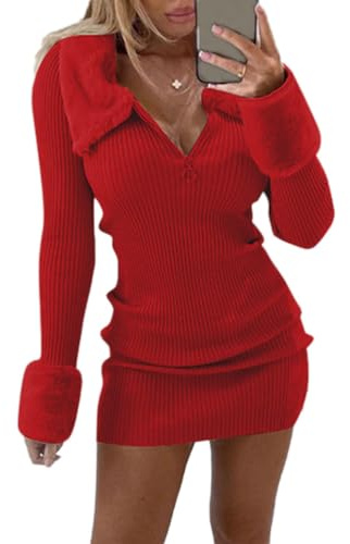 Shownicer Robe Pull Femme Couleur Unie Manches Longues Chic et Élégant Tricot Sexy Hanche Enveloppée Automne Hiver Chaud Mini F Rouge M