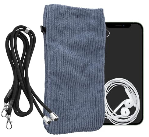 kwmobile Housse Collier Protection Universelle Smartphone XXL - 7 - Pochette téléphone en Velours côtelé avec Collier Ajustable - Bleu Vintage