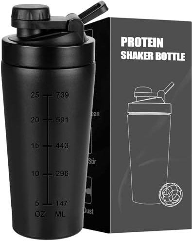 ROCKY&CHAO Shaker per proteine in acciaio inox, 900 ml, con shaker a sfera, per albumi, dieta e fitness, con coperchio a bottone, colore nero