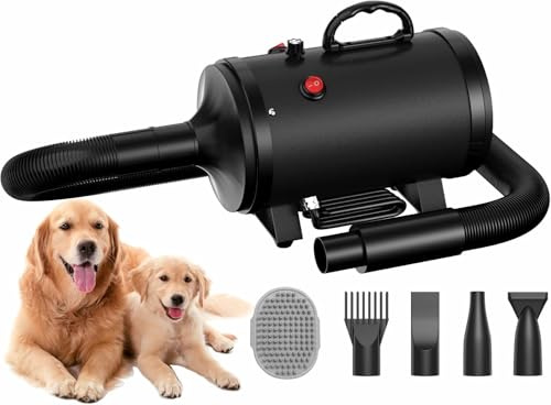 Blanlody Pulseur pour Chien Blower - Très Silencieux - 4,5 CV / 3200 W - Moteur réglable - Souffleur de Soins pour Chien avec 4 Buses différentes - Tuyau élastique et Brosse d'entretien