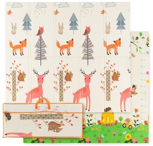 COSTWAY Baby Spielmatte faltbar, 200 x 180 cm Babymatte doppelseitig, Krabbelmatte aus XPE Material, Krabbeldecke, Spielteppich für Babys, Säuglinge und Kleinkinder (Giraffe-Hirsch)