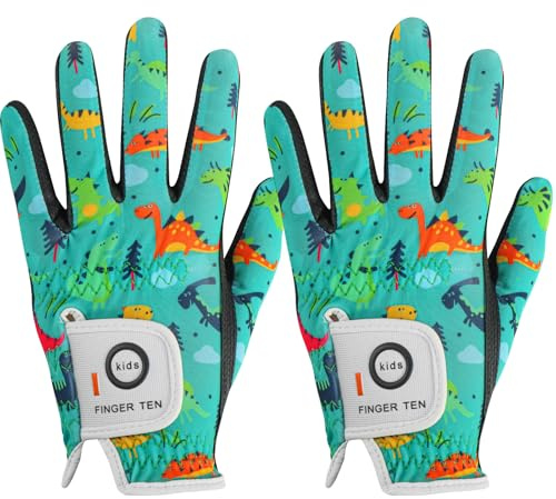 FINGER TEN Stylish Kids Golf Gloves 2 Pack for Left or Right Hand, All Weather Grip & Breathable Durable & Funny Design for Boys Girls Junior Youth Toddler (Cyan-Dinosaur, Medium, Left)