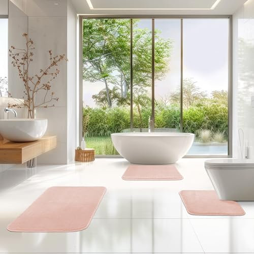 TA&MA Badezimmerteppich Set | Badteppich rutschfest waschbar - Badvorleger für das Badezimmer - Badematten & Badteppiche schnell trocknend (ROSA, 80X50 3'ER Set)