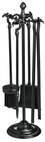 Relaxdays Set da 5 Attrezzi da Camino o Stufa, Attizzatoio, Pala, Scopino, Pinza e Supporto Porta Utensili, Ghisa, Nero