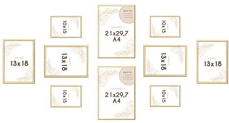Wackadoo Bilderrahmen Set 10er 2 St, in A4 21x29,7 (DIN A4), 4 St in 13x18, 4 St. In 10x15 cm mit echten Glasscheiben, verschiedene Größen gold, photo frame Poster